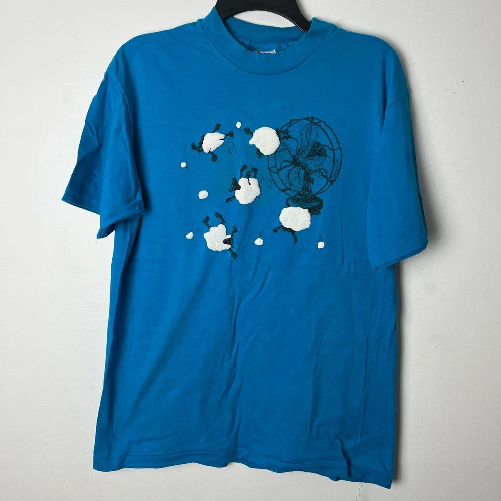 vintage T Shirt Mens XL Blue Sheep Hit The Fan Graphic Puff Print Single Stitch
